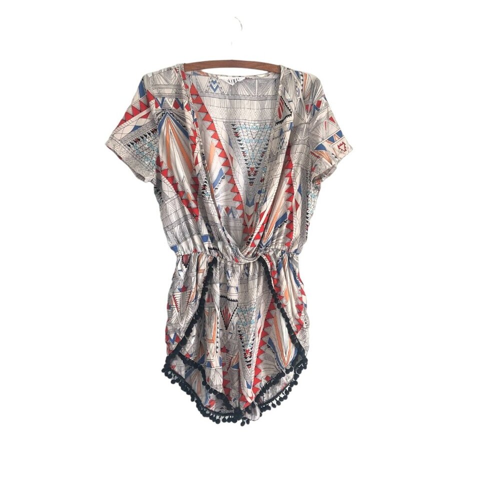 Milkway Boho Geometric Pom Pom Trim Romper Deep V Size Medium